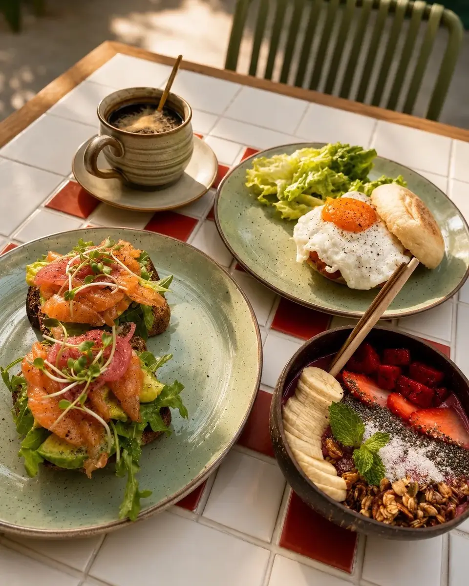 Brunch plates and coffee on a table at Au Patio Thảo Điền